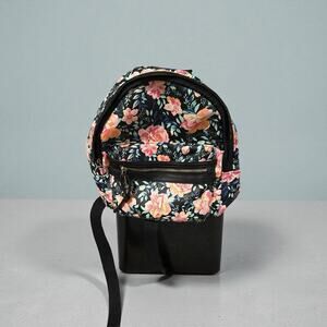 Floral Mini Backpack – Black with Pink & Peach Flowers – Adjustable Straps